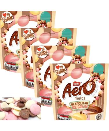 Aero Melts Chocolate Neapolitan Ice Cream Pouch 86g - Bitesize buttons of bubbly milk chocolate strawberry and vanilla flavour pieces (04 Bags)