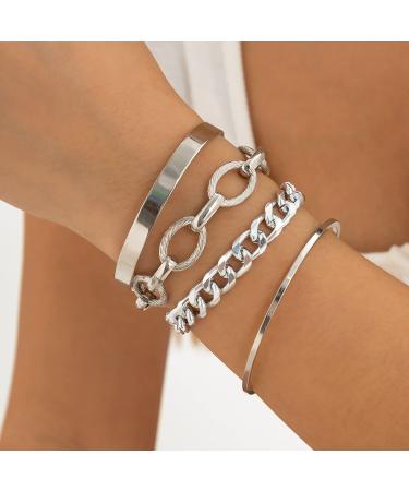 BUAJIUBUA Bangles Bracelets for Women Silver Jewelry for Women Girls Teens Link Chain Bracelets Set for Costume Hand Wrist Jewelry