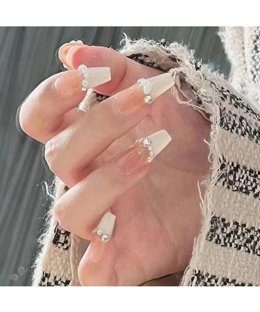 French Tip Press on Nail Long peach White Rhinestones Stick on Nail False Fake Nail with Glue for Women Girl Nail Art Press On Nails - Buy Online on GoSupps.com
