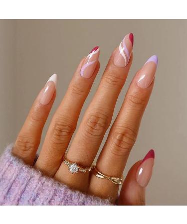Sethexy abstract almond shape false nails French press on nails swirl fingernails 24st acrylic nails to stick on for women and girls multicolored3
