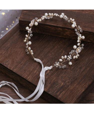 Lurrose Pearl Rhinestone Hair Hoops Princess Wedding Ribbon Headpiece Crystal Headwear Pearl Hair Decorations for Bride - Buy Online on GoSupps.com
