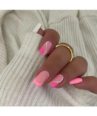 KXAMELIE Hot Pink Square French Press on Nails - Colorful Swirls French Tips - 24 PCS Reusable Full Cover Glossy Gel Nails for Women and Girls - Buy Online on GoSupps.com