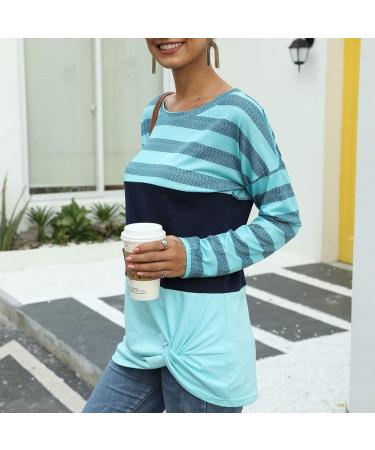 Bigfanshu in Women's Clothing Fashion O-Neck Stripe Splicing Long Sleeve Tie Sweater Casual Blouse Tops Blue - Buy Online on GoSupps.com