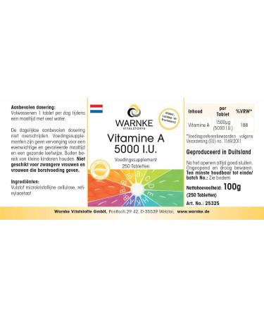 Buy Vitamin A 5000 I.E - High Dose Vegan Tablets - 1500 g Retinol - 250 Tablets | Warnke Vital Substances - German Pharmacy Quality - Buy Online on GoSupps.com