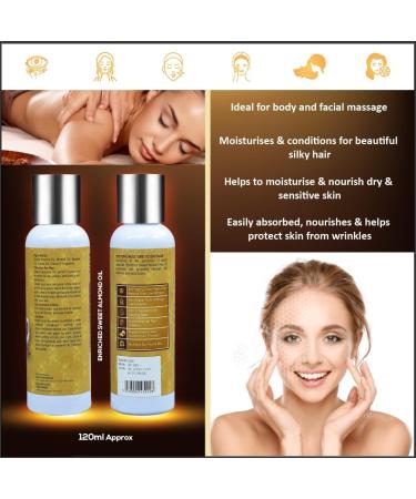 ERUR Premium: Enriched Sweet Almond Oil: Natural | Hair & Skin Nourishment | Cold Pressed | 120ml | Anti-Aging | For Hair Health Dry & Sensitive Skin and Moisturising | Root-to-Tip Care - Buy Online on GoSupps.com
