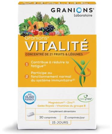 GRANIONS Vitality - 30 Tablets 15 Days - Oxxynea Patented Complex - Royal Jelly Acerola Vitamins of Group B Vitamin E Vitamin D3 Trace Elements - Passenger Fatigue - French Brand