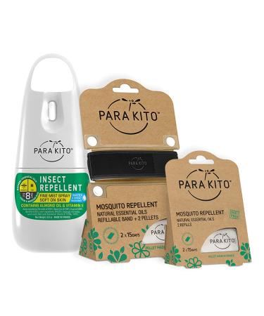 PARAKITO Mosquito, Insect & Bug Spray Bundle - Includes Spray, Black Wristband & 4 Refills | DEET Free, Citronella Essential Oils, Perfect for Camping, Hiking, Travel Outdoor Activities