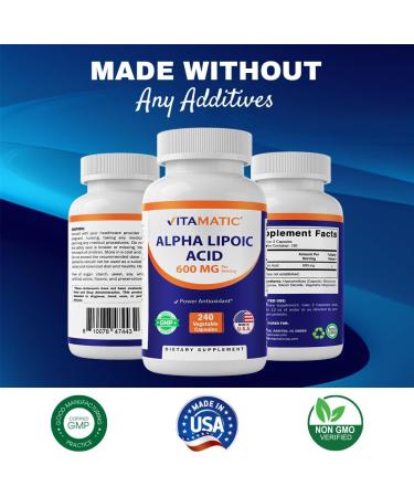 Vitamatic Alpha Lipoic Acid 600mg - 240 Non-GMO Vegetable Capsules - Gluten Free - Boost Your Health with 120 Servings - Buy Online on GoSupps.com
