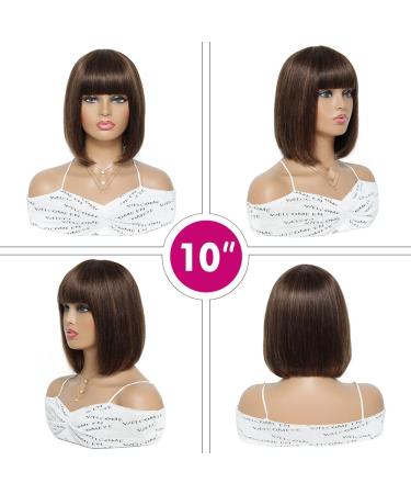 10 Inch Dark Brown Straight Bob Wig with Bangs - Brazilian Remy Human Hair, 130% Density, Glueless Full Machine Made Wig for Black Women - Buy Online on GoSupps.com