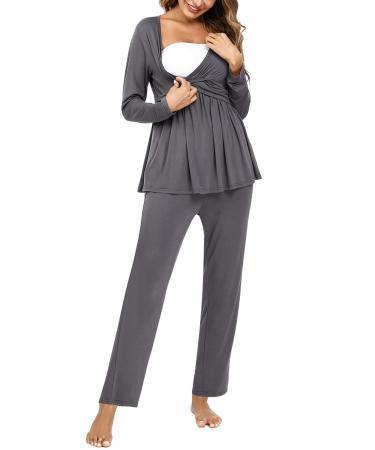 Litherday Women's Maternity Nursing Pyjamas Set Long-Sleeved Breastfeeding Sleepwear Soft Labor Nightwear PJ Loungewear-2 L Dark Grey