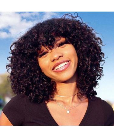 Curly Human Hair Wigs with Bangs Brazilian Remy Short Curly Wig for Black Women 200 Density Full Machine Made Scalp Top Wig Natural Color 14inch 14 Inch Natural Color