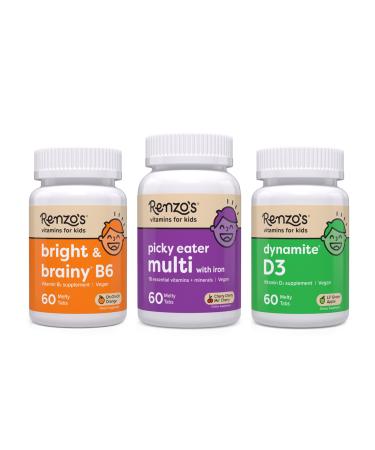Renzo's Vitamins Adventurous Kid Bundle - Picky Eater Kids Multivitamin Vitamin D3 for Kids and Bright & Brainy Vitamin B6