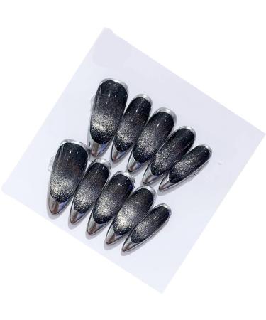 Handmade Press On Nails Medium Length Water Drop Shape French Black Cat Eye Removable Wearing nails (Color : S)