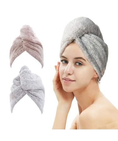 M-bestl Hair Towel/Turban Hair Drying Towel with Buttons Microfiber Towel 2 Pack Star Gray&Star Pink