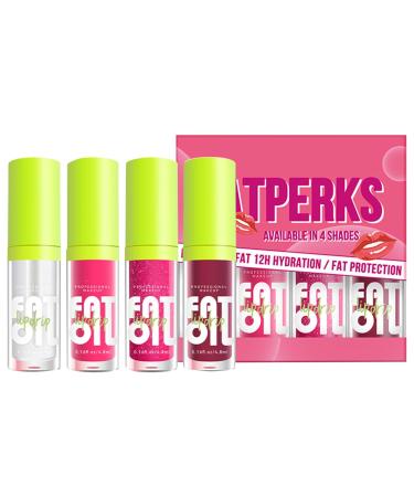 Hydrating Lip Oil 4 Colors Fat Lip Oil Drip Lip Glow Oil Big Brush Head Moisturizing Lip Gloss Shiny Transparent Tinted Plumping Lip Oil Long Lasting Nourishing (Cute)