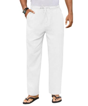 COOFANDY Men's Casual Linen Pants Elastic Waist Drawstring Beach Yoga Trousers Lightweight Straight Leg Pants with Pockets White Large