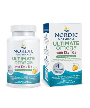 Nordic Naturals Ultimate Omega Plant Based Vitamin with Vitamin D3+K2-60 Vegetarian Soft Gels - 1210 mg Omega-3s Plus 2000 IU D3 and 90 mcg K2 - Promotes Brain Health - Non GMO - 30 Servings