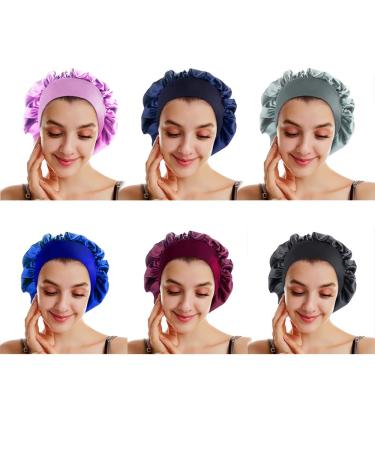 6 Pieces Soft Sleep Cap Satin Silk Bonnet Night Sleeping Head Hair Cover with Elastic Wide Band for Women Girl (Black Silver Red Blue Purple Dark Blue) 6 Colors