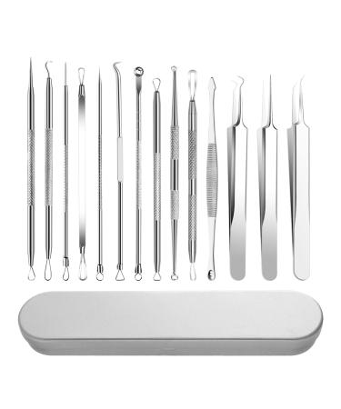 FIXBODY Blackhead & Splinter Remover Tools - Stainless Steel Professional Easily Cure Pimples Whiteheads Comedones Acne Zit Ingrown Hairs and Facial Impurities Bend Head Tweezer Surgical Kit (14 PCS) Black,silver 14 Piece Set