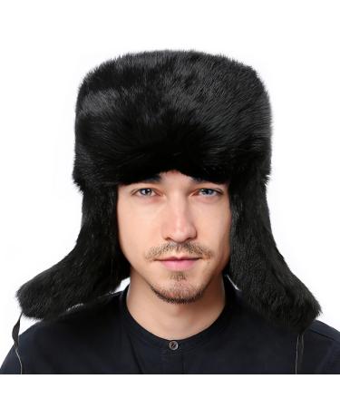 YXCFEWDTrapper Hat Winter Russian Hat Men Women Fur Hat with 100% Rabbit Fur Aviator Earflap Hat Windproof Black X-Large