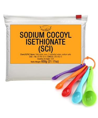 Sodium Cocoyl Isethionate (SCI) Powder - 21.17oz - Anionic  Foaming Surfactant - DIY Solid Shampoo Bars  Bath Bombs  Foamy and Bubbly Products | Including 5-piece Set with Graduated Measuring Spoons