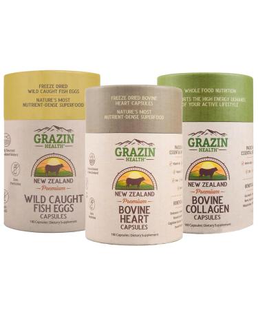 GRAZIN HEALTH Cardio & Performance Bundle | Whole-Food Heart Capsules + Fish Eggs + Grass-Fed Collagen | Omega-3 DHA & EPA Fish Roe and Bovine Organ Supplements | Clean Daily Wellness Support