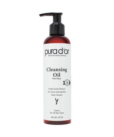 PURA D'OR 8 Oz Facial Cleansing Oil - Nourishing Botanical Blend with & Vitamin Jojoba and Sunflower Oil - Gentle Makeup Remover & Deep Cleanser For Healthy Glowing Skin - Paraben-Free Beauty Natural 8 Fl Oz (Pack of 1)