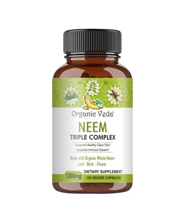 Organic Veda - Neem Leaf Extract Triple Complex, Vegan Neem Capsules for Healthy Skin & Immune System, Made from Whole Neem Leaf, Bark, & Flower, 120 Veggie Capsules, 1300 mg 120 Count (Pack of 1)
