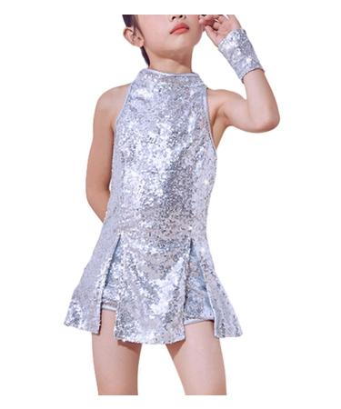 LOLANTA Girls Sequins Dance Clothes Dress 4-12 Yrs Sparkle Hip Hop Jazz Dance Outfit, Sleeveless Top and Shorts Silver 10-11 Years