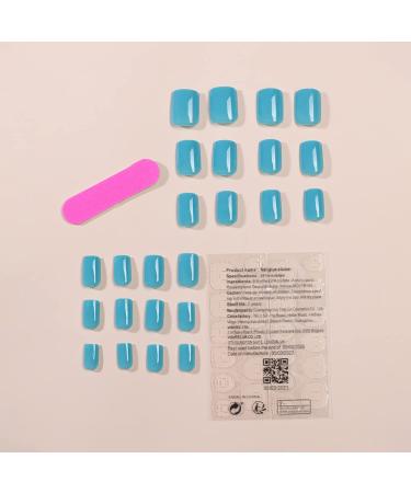 Turquoise Blue Short Square Press on Nails - 24 Pcs Full Cover False Nails with Designs and Nail Glue - Blue Glossy Artificial Acrylic Nails for Women and Girls - Buy Online on GoSupps.com