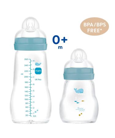 MAM Baby Glass Bottles 2 Pack - Feel Good from Birth (170ml & 260ml) - Safe & Stylish Blue Feeding Bottles for Babies - Buy Online on GoSupps.com