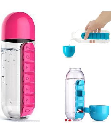 Pill Box Cup Organizer with Water Bottle 2 in 1 Water Bottle with Pill Organizer Case 600 ML Daily Medicine Storage Box and Water Bottle Combination Medication 7 Day Cup Holder for Sport Travel Rose