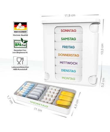 Kerpers 7-Day Pill Organizer | Made in Germany | 4-Compartment Medicine Box for Morning Noon Evening Night | 2-Piece Set (White & Colorful) - Buy Online on GoSupps.com