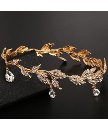 Goddess Tiara Crystal Leaf Wedding Headband for Bride Prom Birthday Party Cosplay Hair Accessories for Girls Golden - Buy Online on GoSupps.com