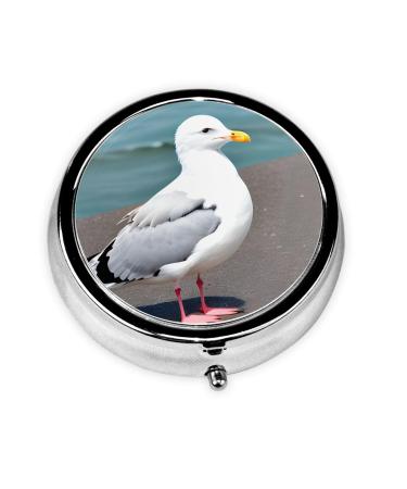 Cute Seagullround Pill Box 3 Compartment Round Pill Box Organizer &Portable Travel Pill Box for Traveling.