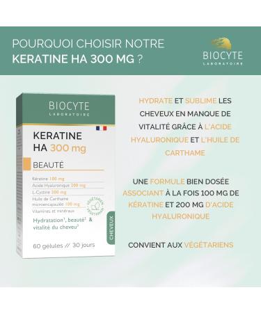 BIOCYTE Keratine HA 300 mg - Hydration and Vitality Hair Supplement - Based on Keratin Hyaluronic Acid Safflower Oil Vitamins - 60 Capsules - 30 Day Program - Buy Online on GoSupps.com