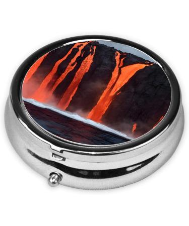 Kilauea Volcano Round Pill Box - 3 Compartment Mini Decorative Travel Organizer for Vitamins & Medicine | Portable Black Pill Case - Buy Online on GoSupps.com