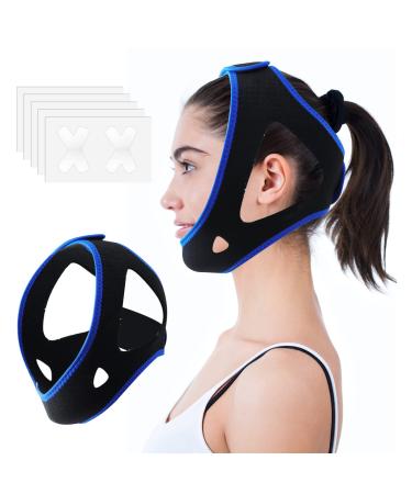 Anti Snore Chin Strap Flunyina Anti Snore Chin Strap Device for CPAP Users Snore Reduction Adjustable and Breathable Head Band with 5pcs Sleep Mouth Strips for Men Women (Blue)