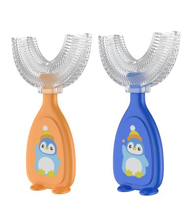 U Shaped Toothbrush for Kids  Whole Mouth Toothbrush 360 Clean Teeth Food Grade Soft Silicone Brush Head  Teeth Whitening for Kids  Suitable for Age 2 6 Todlder(2 PcS Navy Blue + Orange with Box)
