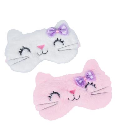DAZAIGE 2 Pieces Soft Plush Sleeping Masks Lovely Cartoon Cat Kitty Eye Blindfold Sleep Mask Eye Cover for Women Girls Kids Home Plane Travel Rest Party Gifts Nap Night Sleeping Pink+White
