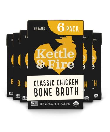 Chicken Bone Broth Soup by Kettle and Fire, Pack of 6, Keto Diet, Paleo Friendly, Whole 30 Approved, Gluten Free, with Collagen, 10g of protein, 16.9 Ounce (Pack of 6) Chicken Bone Broth 1.05 Pound (Pack of 6)