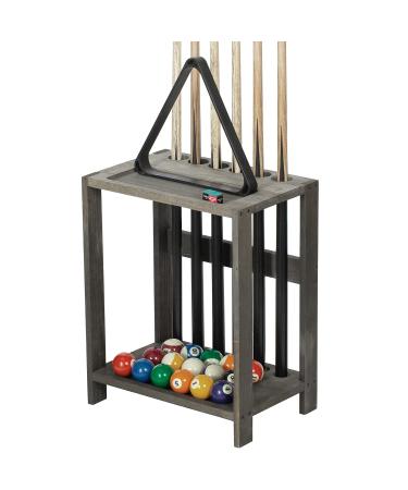 MyGift Vintage Gray Solid Wood Billiards Pool Cue Rack Floor Stand with Ball and Chalk Storage Holder Slots