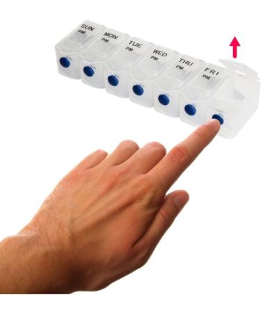 7 Day 14 Compartment AM/PM Pill Box - Easy-Open Push-Button Printed & Braille with Patient Record Cards - International Shipping Available - Buy Online on GoSupps.com
