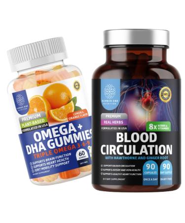Number One Nutrition N1N Premium Blood Circulation Supplement with 8 Powerful Herbs & Vitamins and Omega 3 6 9 + DHA Gummies 2 Pack Bundle