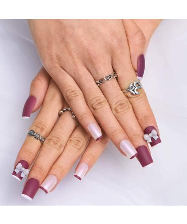 Sethexy Purple Sparkle Bowknot False Nails - 24 Pcs Acrylic Short Square Nail Art Tips for Women & Girls - Complete Cover - Buy Online on GoSupps.com