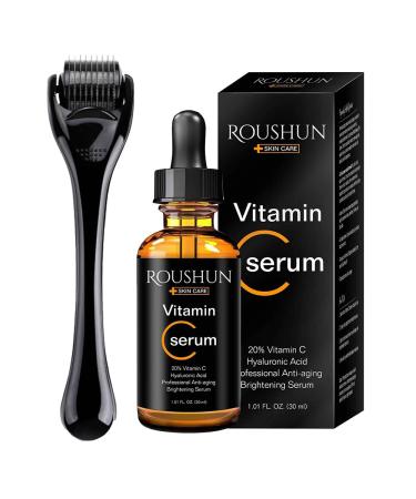 Derma Roller Kit for Face and Body - Vitamin C 20% Serum Skin Care Kit 540 Microneedling Face Roller 0.5mm Vitamin C E Hyaluronic Acid Serum Microneedle Roller Set for Acne Scar Anti Aging Wrinkles 2 Piece Set