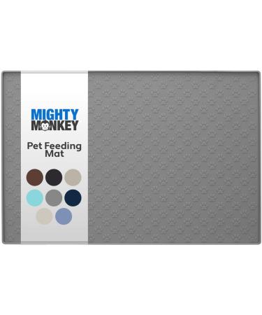 MIGHTY MONKEY Silicone Pet Feeding Mat, Waterproof Placemat for Dog and Cat Bowls, Raised Edges, Prevent Water Spills and Food Messes on Floor, Paw Print Tray Mats, Dishwasher Safe 18x12 Inch (Pack of 1) Gray