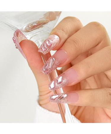 Sethexy long coffin false nails handmade glitter luxury false nails 3d crystal love heart nails to press glossy acrylic sparkling nail art in salon quality for women and girls