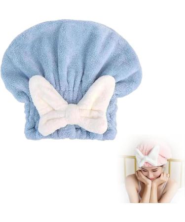Super Absorbent Hair Towel Wrap for Wet Hair Microfiber Coral Velvet Bow Quick Drying Cap Extrame Soft & Ultra Absorbent Shower Caps for Women Curly Thick Hair (Blue)
