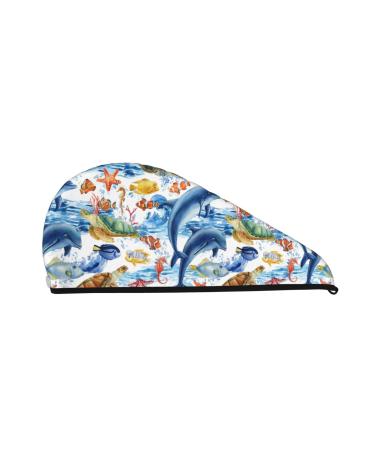 Hair Towel Wrap Hair Drying Towel with Button Towel Turban Head Towel to Dry Hair Quickly (Marine Animals)